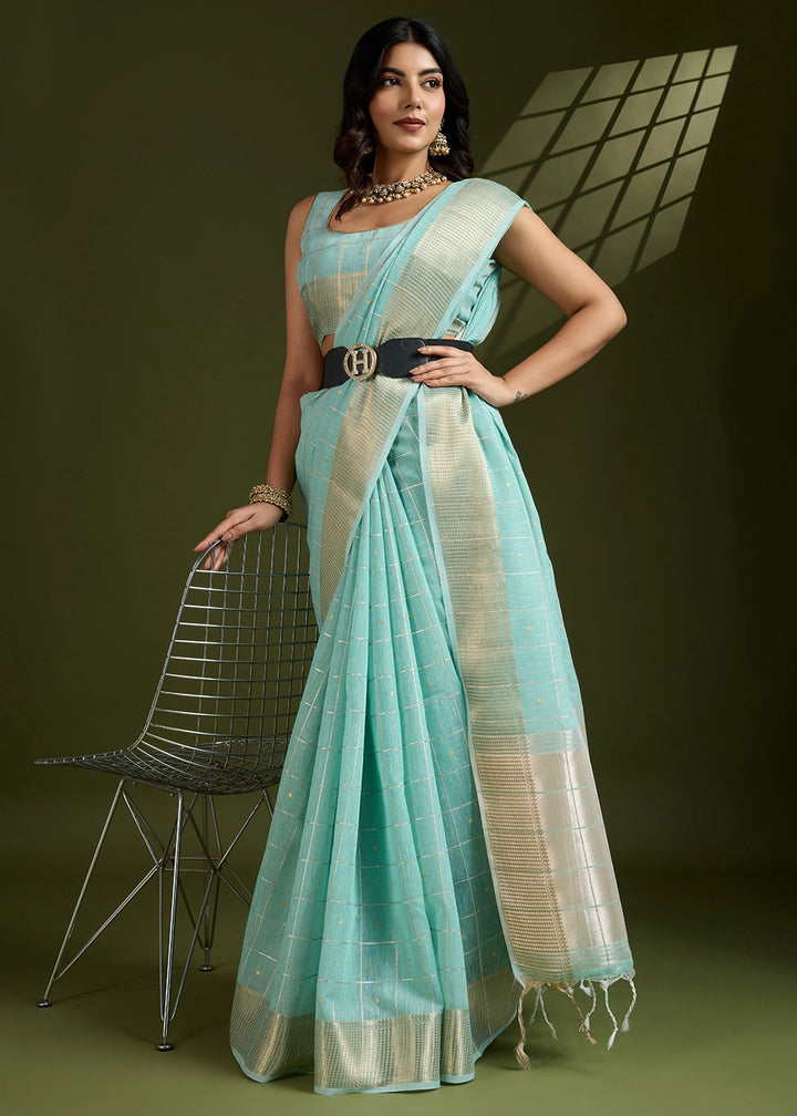 Sea Green Soft Silk Saree with All Over Zari Woven Patterns