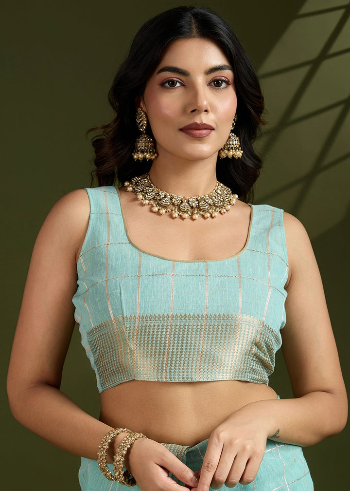 Sea Green Soft Silk Saree with All Over Zari Woven Patterns