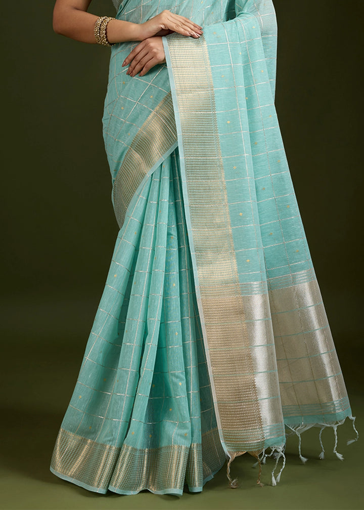 Sea Green Soft Silk Saree with All Over Zari Woven Patterns
