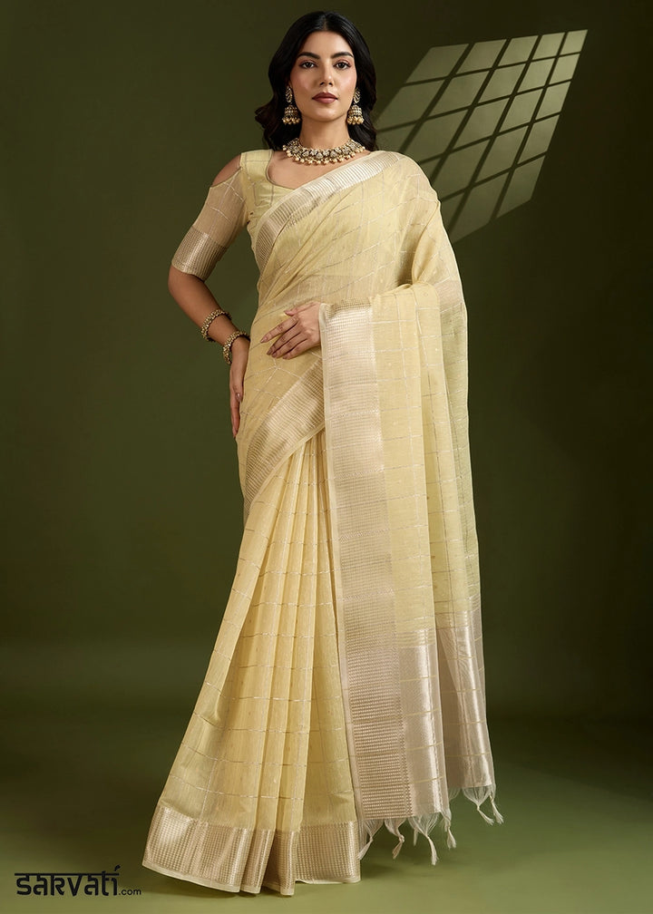 Blonde Yellow Soft Silk Saree with All Over Zari Woven Patterns