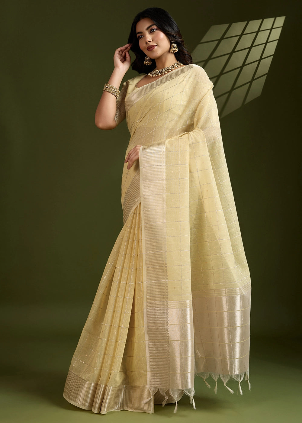 Blonde Yellow Soft Silk Saree with All Over Zari Woven Patterns