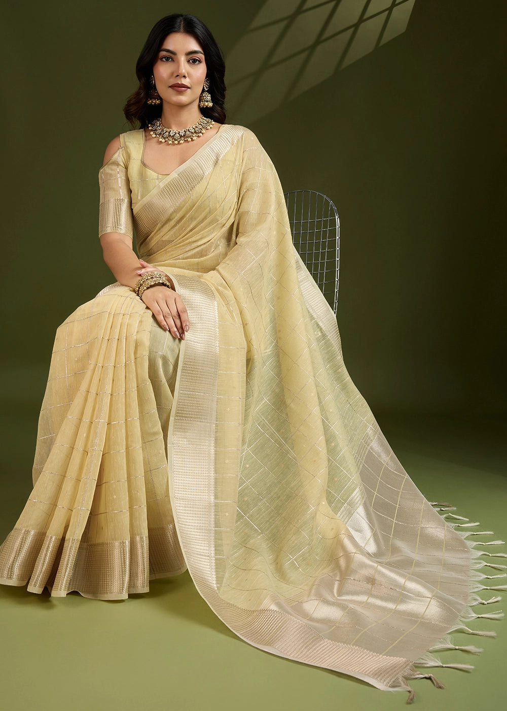 Blonde Yellow Soft Silk Saree with All Over Zari Woven Patterns