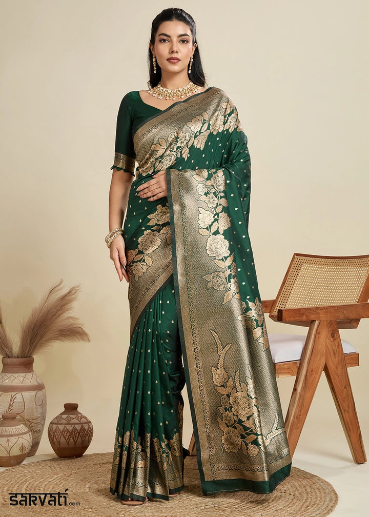 Bottle Green Banarasi Silk Saree Embellished with Zari Woven Buttas
