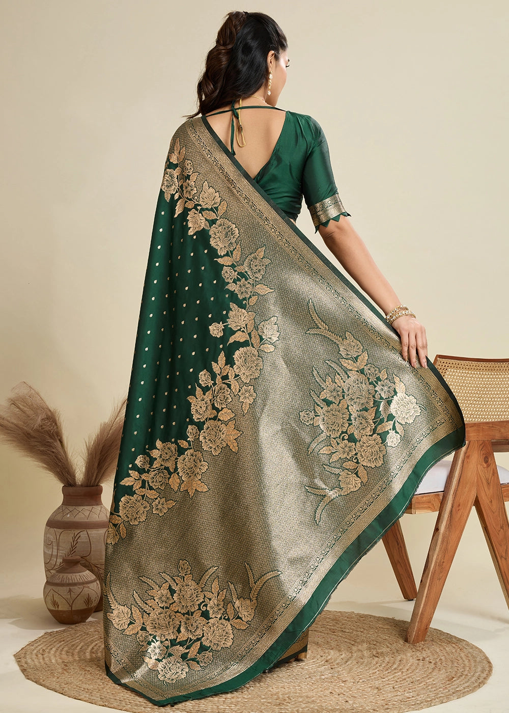 Bottle Green Banarasi Silk Saree Embellished with Zari Woven Buttas