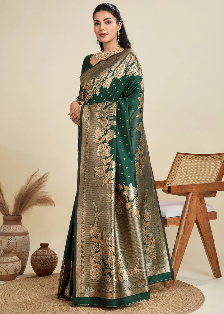 Bottle Green Banarasi Silk Saree Embellished with Zari Woven Buttas