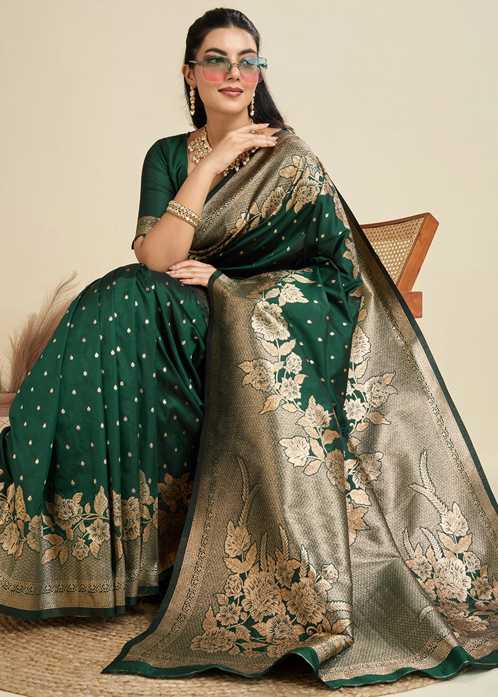 Bottle Green Banarasi Silk Saree Embellished with Zari Woven Buttas