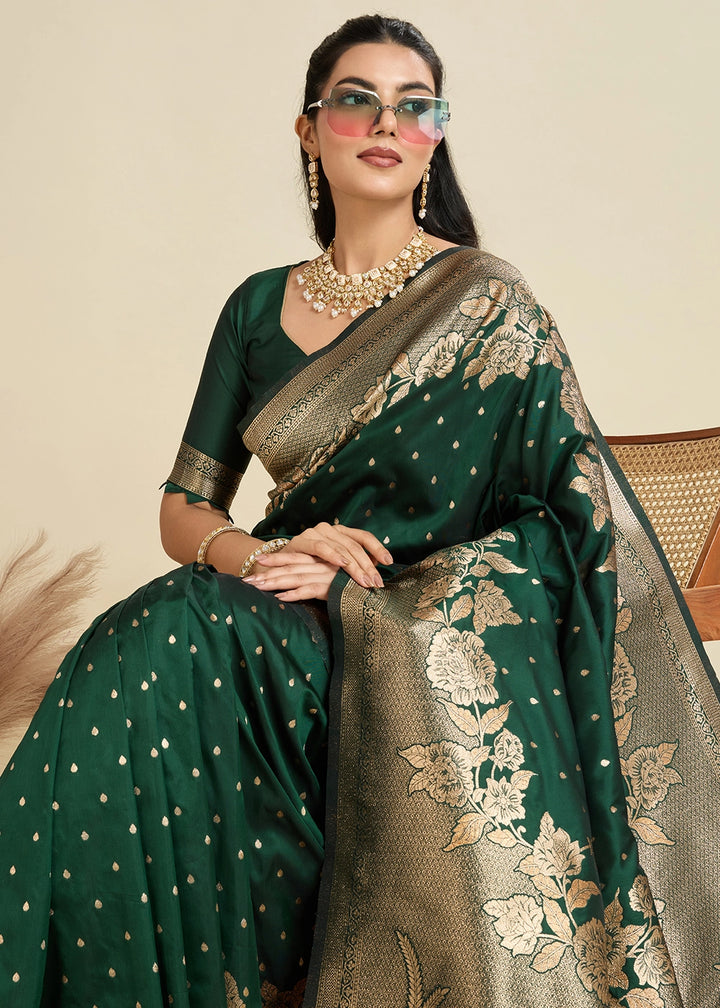 Bottle Green Banarasi Silk Saree Embellished with Zari Woven Buttas