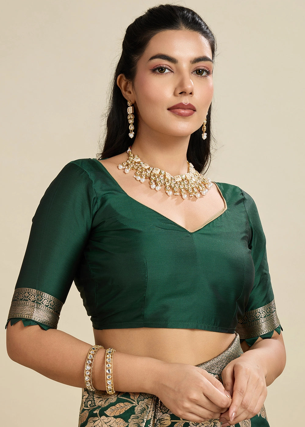 Bottle Green Banarasi Silk Saree Embellished with Zari Woven Buttas