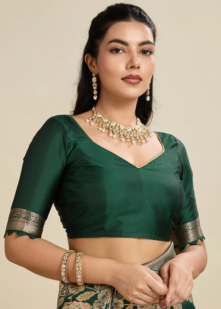 Bottle Green Banarasi Silk Saree Embellished with Zari Woven Buttas