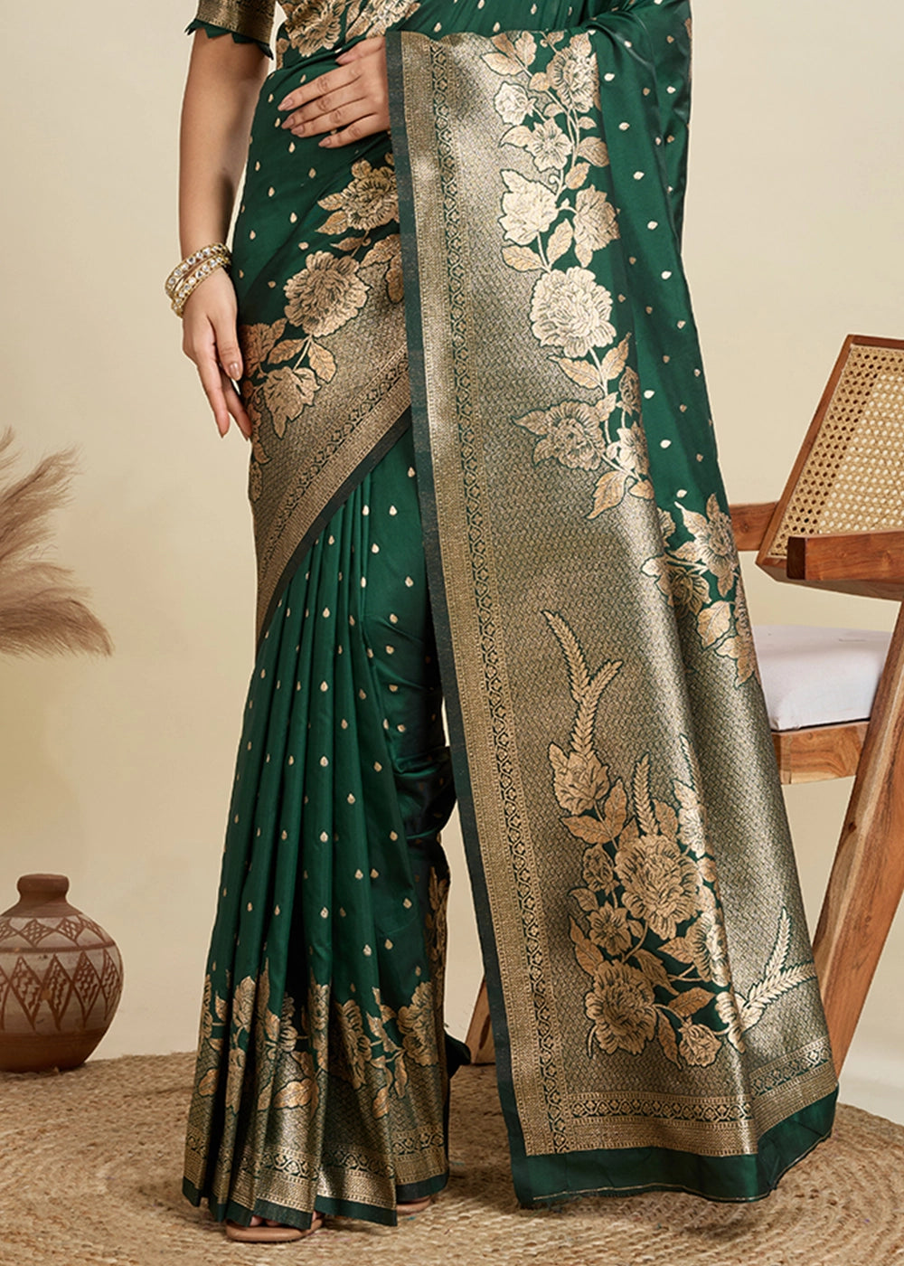 Bottle Green Banarasi Silk Saree Embellished with Zari Woven Buttas