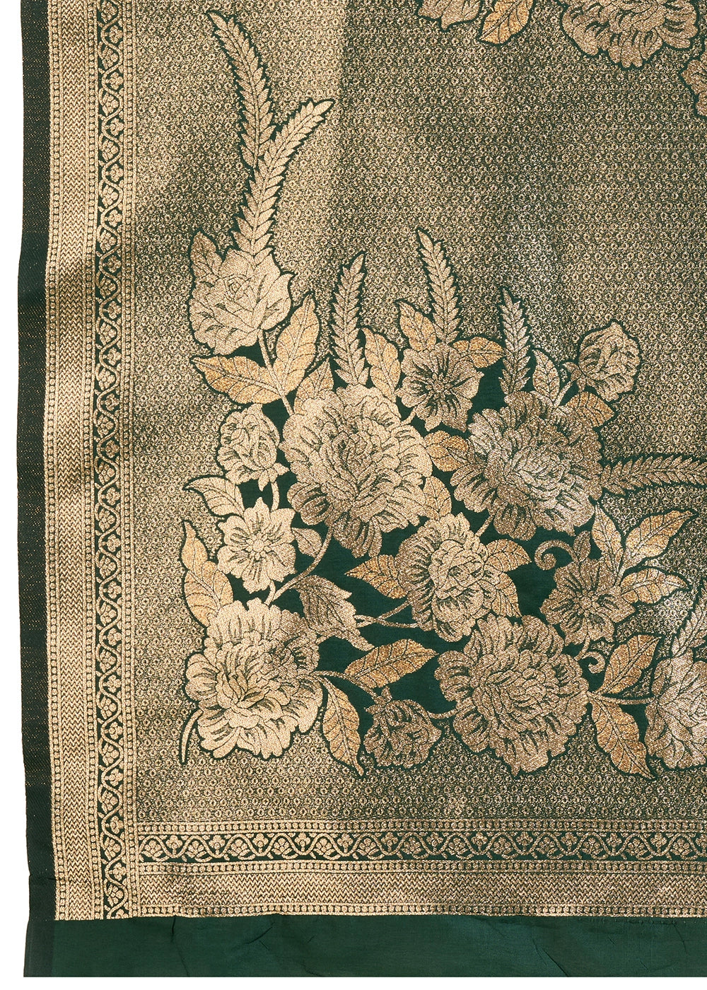 Bottle Green Banarasi Silk Saree Embellished with Zari Woven Buttas