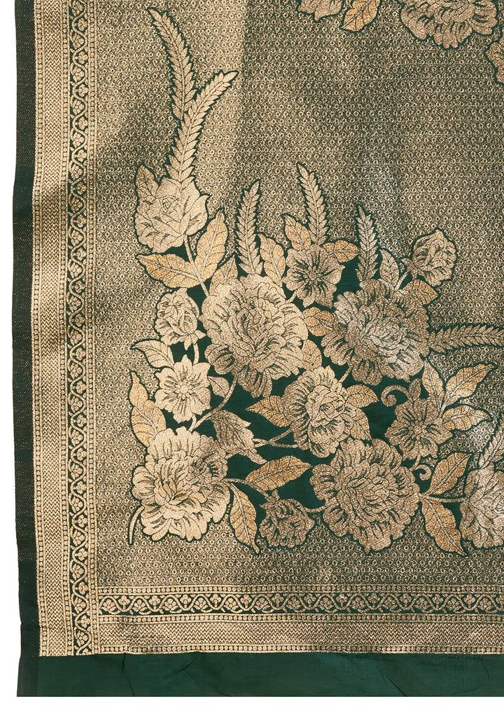 Bottle Green Banarasi Silk Saree Embellished with Zari Woven Buttas