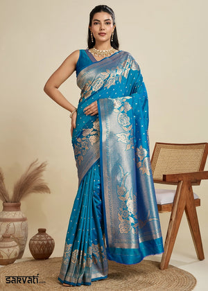 Cerulean Blue Banarasi Silk Saree Embellished with Zari Woven Buttas