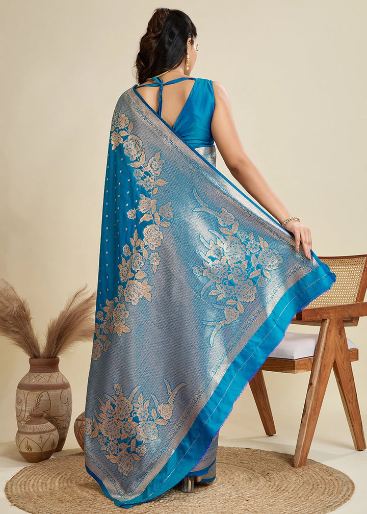 Cerulean Blue Banarasi Silk Saree Embellished with Zari Woven Buttas