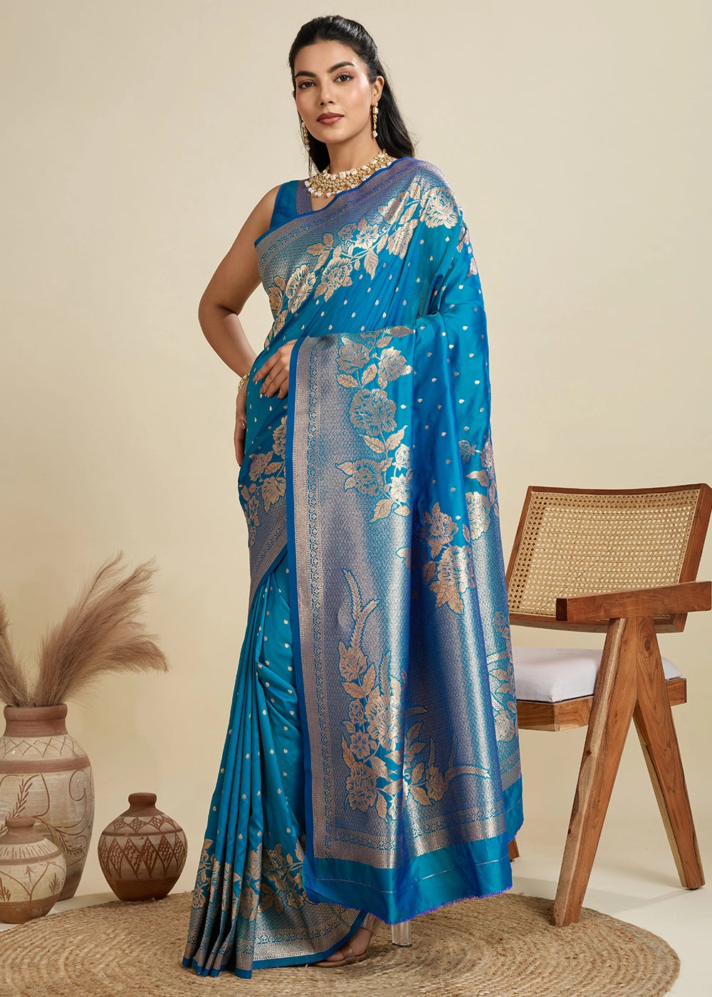 Cerulean Blue Banarasi Silk Saree Embellished with Zari Woven Buttas