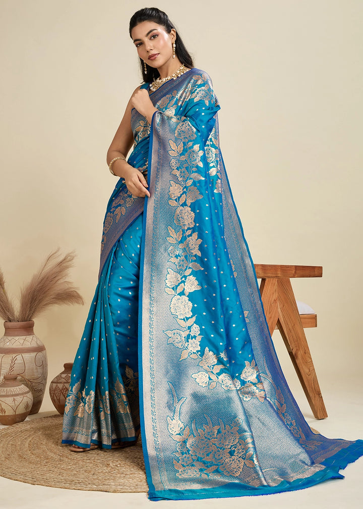 Cerulean Blue Banarasi Silk Saree Embellished with Zari Woven Buttas