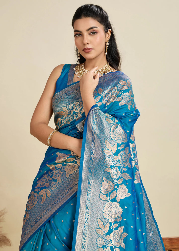 Cerulean Blue Banarasi Silk Saree Embellished with Zari Woven Buttas