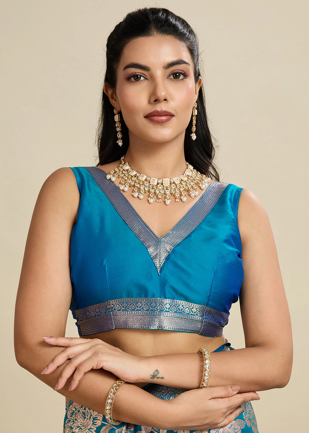 Cerulean Blue Banarasi Silk Saree Embellished with Zari Woven Buttas