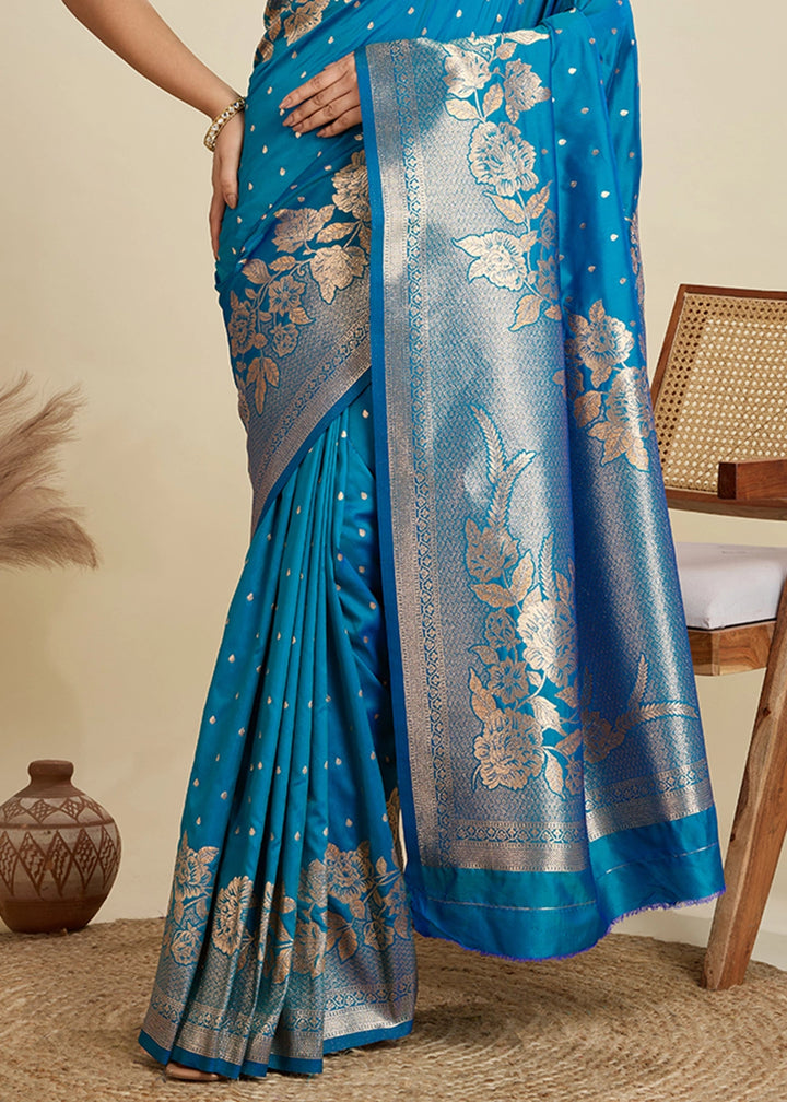 Cerulean Blue Banarasi Silk Saree Embellished with Zari Woven Buttas