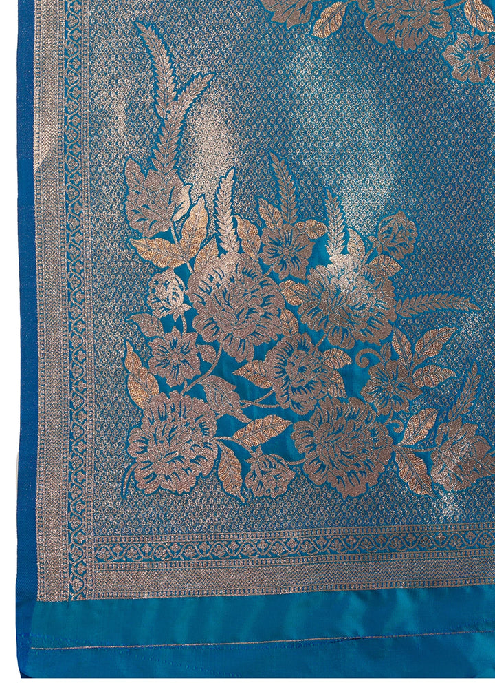 Cerulean Blue Banarasi Silk Saree Embellished with Zari Woven Buttas