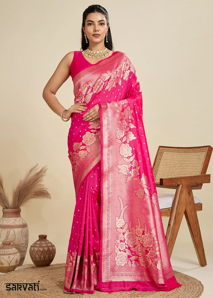 Cerise Pink Banarasi Silk Saree Embellished with Zari Woven Buttas