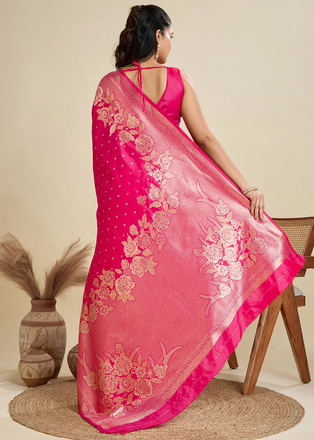 Cerise Pink Banarasi Silk Saree Embellished with Zari Woven Buttas