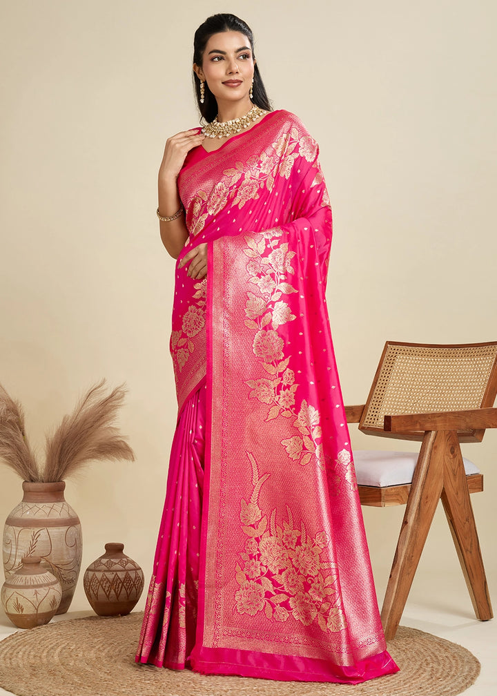 Cerise Pink Banarasi Silk Saree Embellished with Zari Woven Buttas