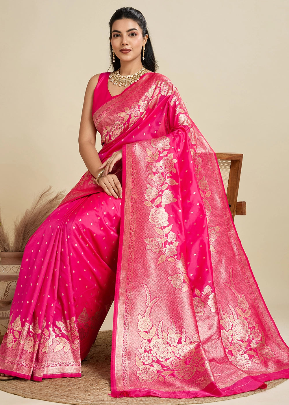 Cerise Pink Banarasi Silk Saree Embellished with Zari Woven Buttas