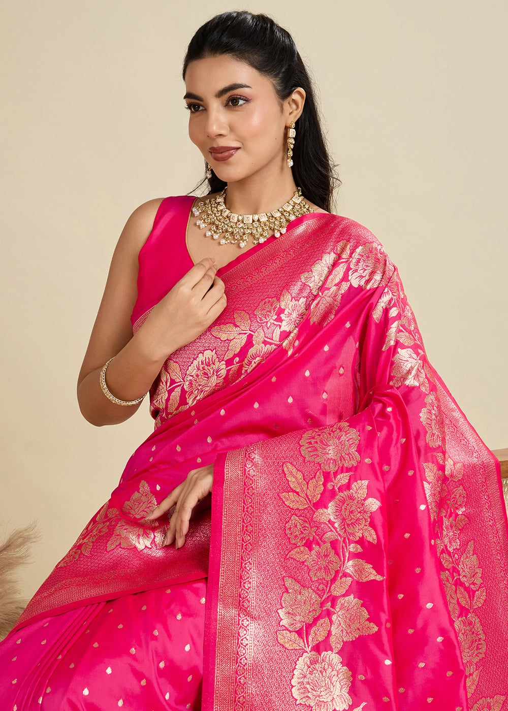 Cerise Pink Banarasi Silk Saree Embellished with Zari Woven Buttas