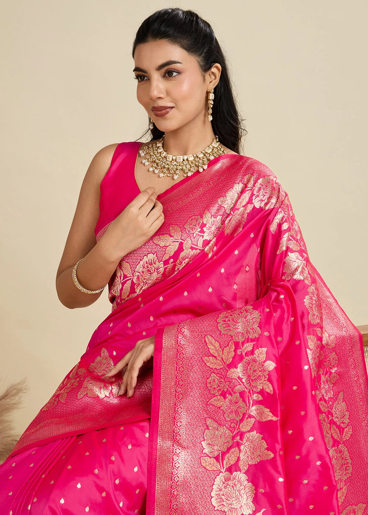 Cerise Pink Banarasi Silk Saree Embellished with Zari Woven Buttas
