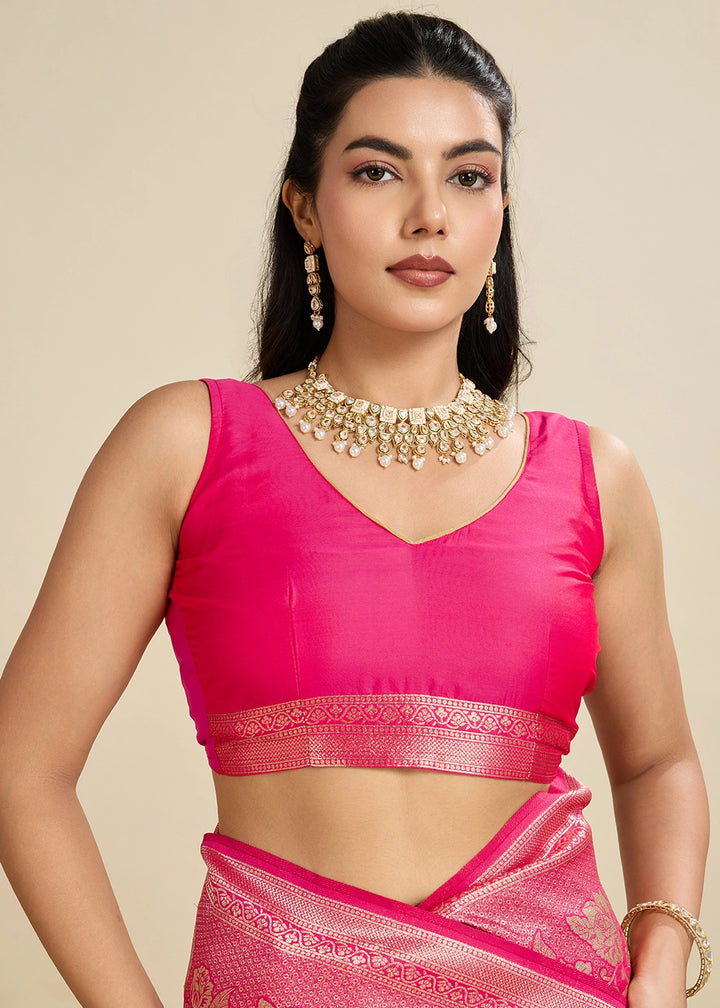 Cerise Pink Banarasi Silk Saree Embellished with Zari Woven Buttas