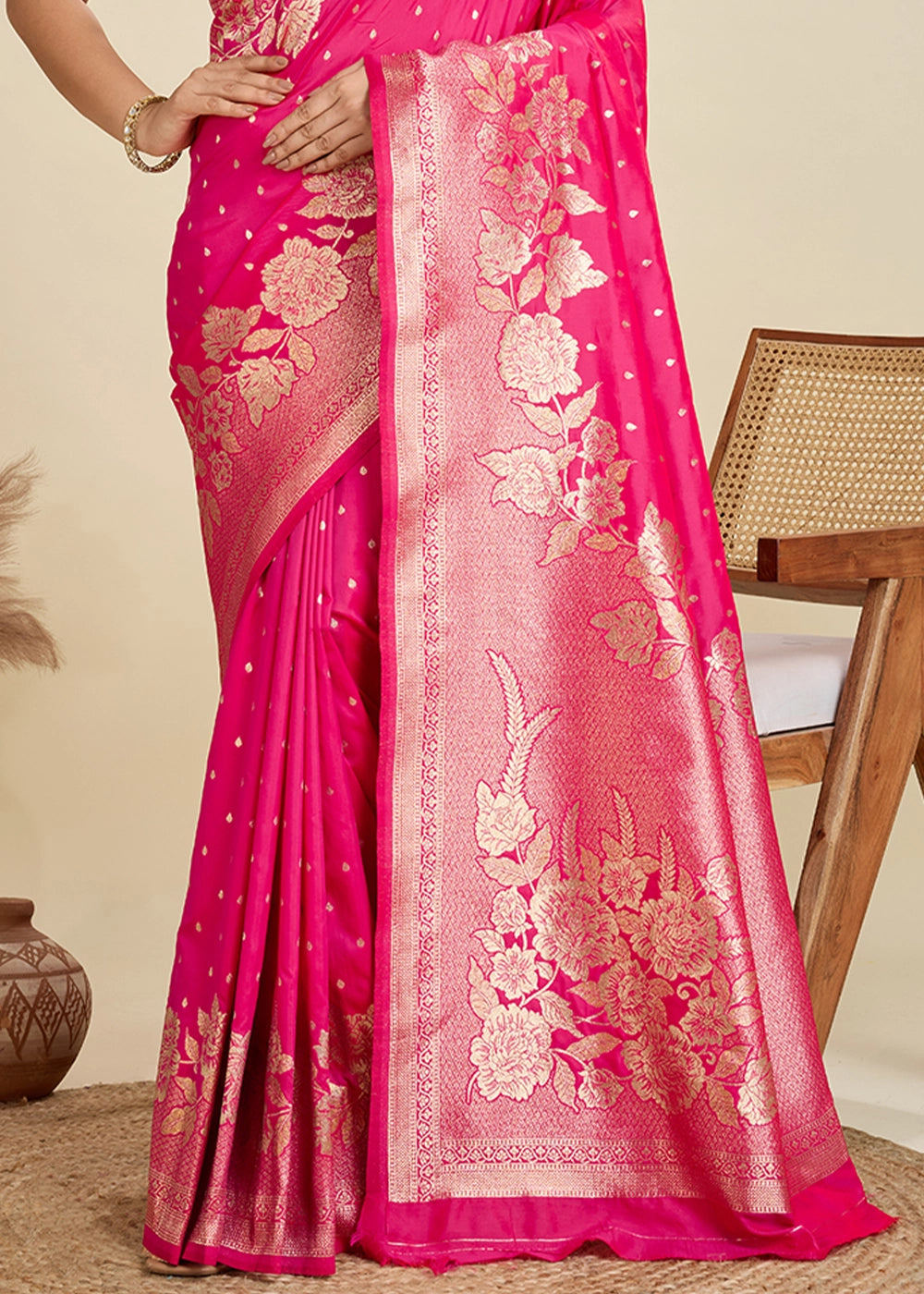 Cerise Pink Banarasi Silk Saree Embellished with Zari Woven Buttas