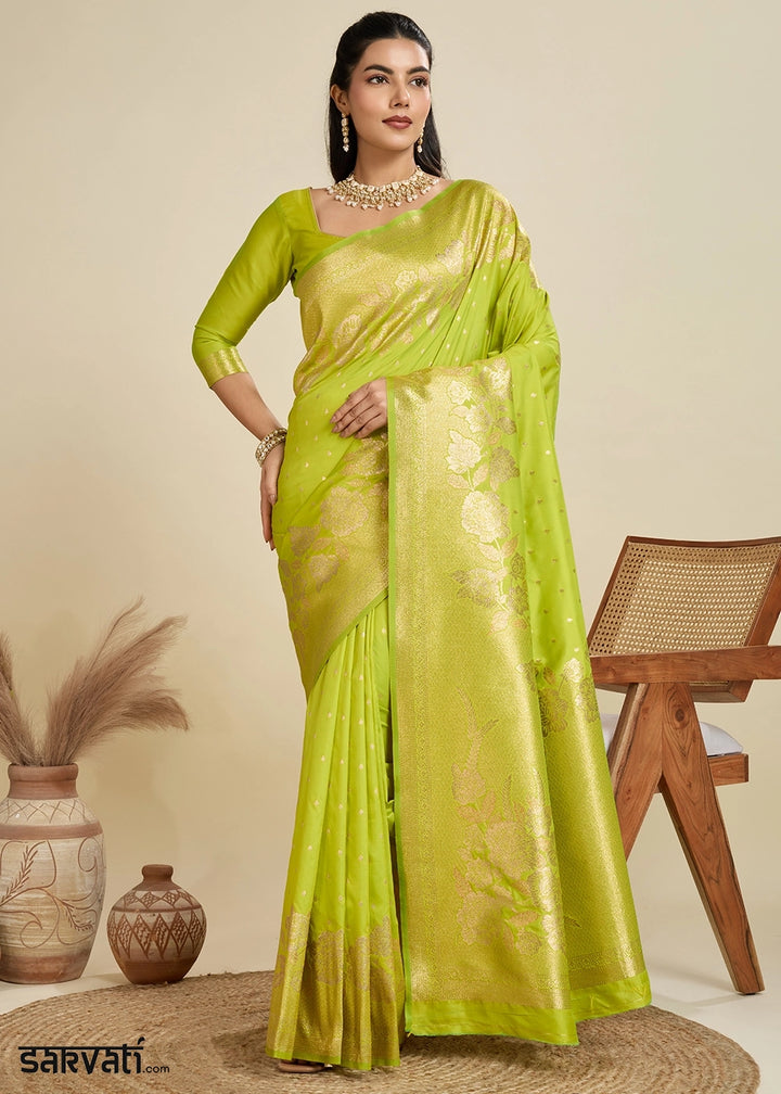 Chartruse Green Banarasi Silk Saree Embellished with Zari Woven Buttas