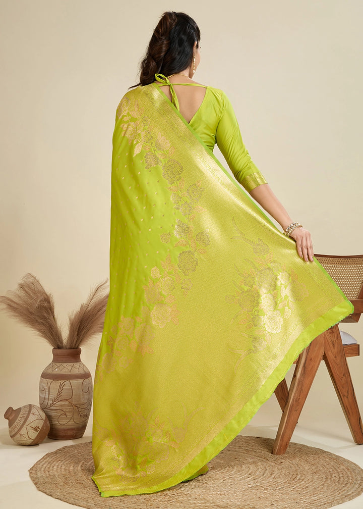 Chartruse Green Banarasi Silk Saree Embellished with Zari Woven Buttas