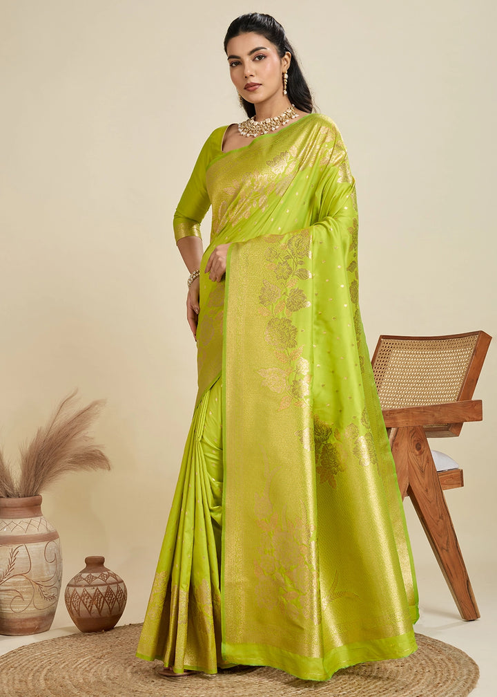 Chartruse Green Banarasi Silk Saree Embellished with Zari Woven Buttas