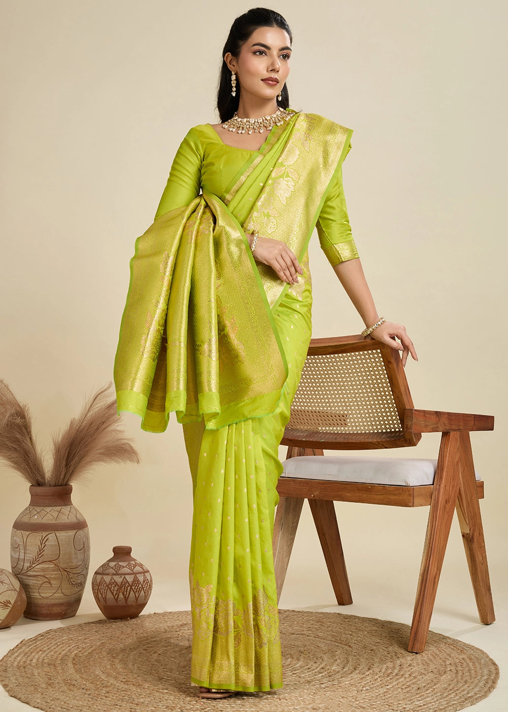 Chartruse Green Banarasi Silk Saree Embellished with Zari Woven Buttas