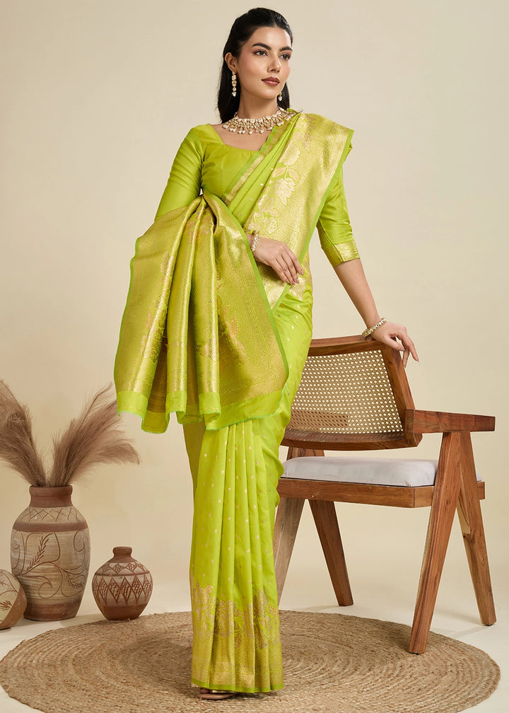 Chartruse Green Banarasi Silk Saree Embellished with Zari Woven Buttas