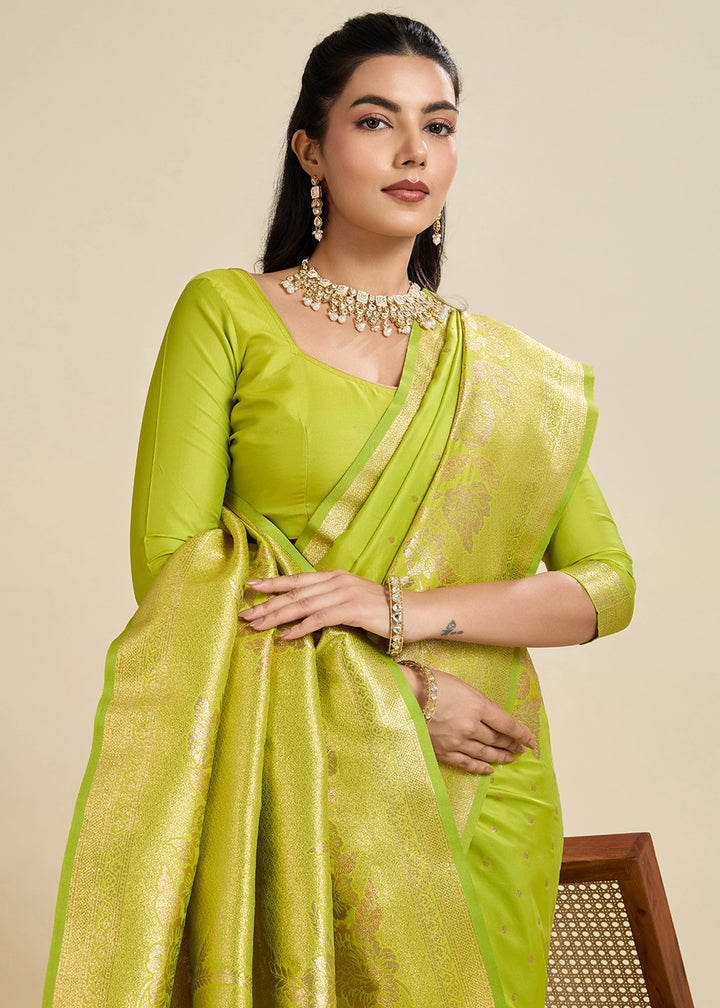 Chartruse Green Banarasi Silk Saree Embellished with Zari Woven Buttas