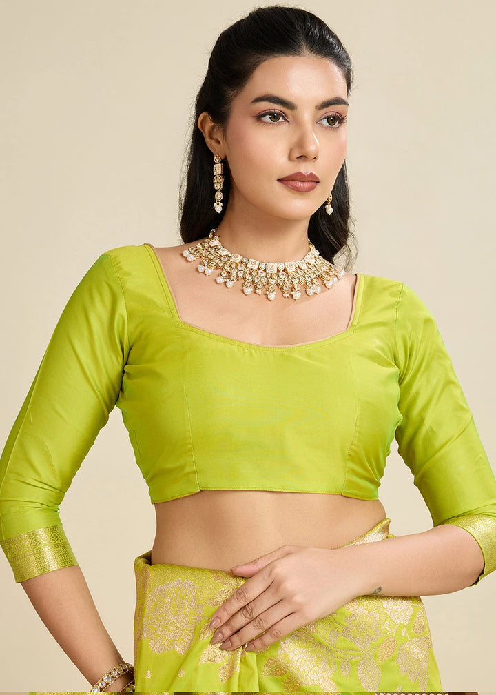 Chartruse Green Banarasi Silk Saree Embellished with Zari Woven Buttas