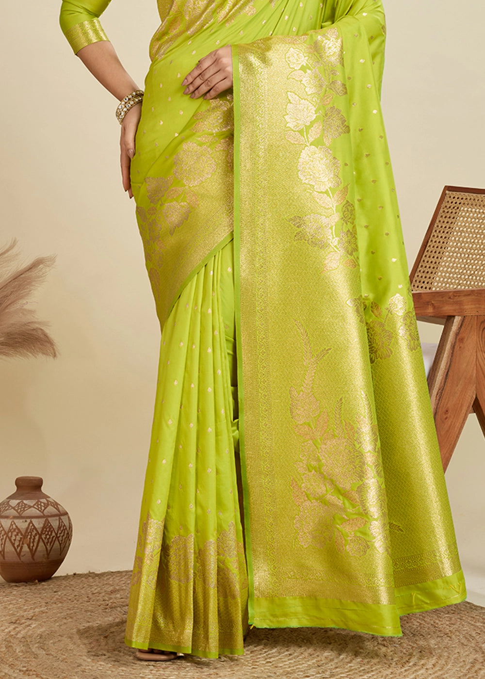 Chartruse Green Banarasi Silk Saree Embellished with Zari Woven Buttas