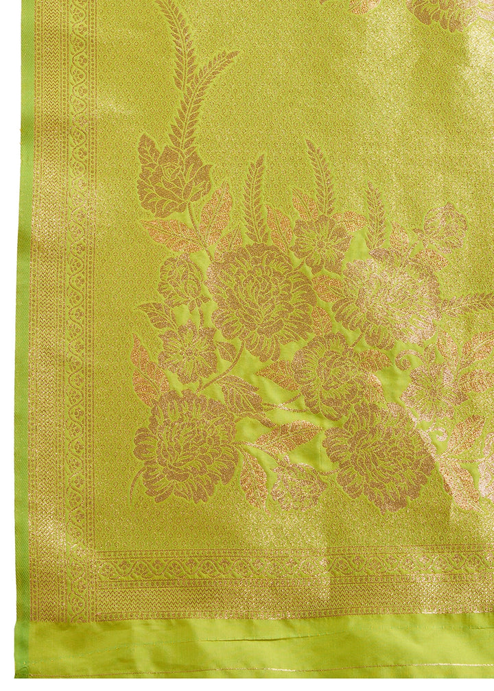 Chartruse Green Banarasi Silk Saree Embellished with Zari Woven Buttas