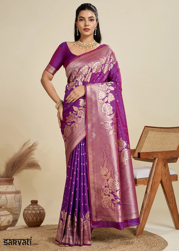 Violet Purple Banarasi Silk Saree Embellished with Zari Woven Buttas