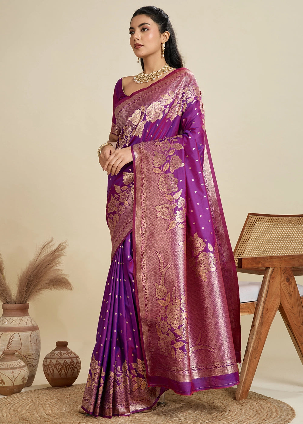 Violet Purple Banarasi Silk Saree Embellished with Zari Woven Buttas