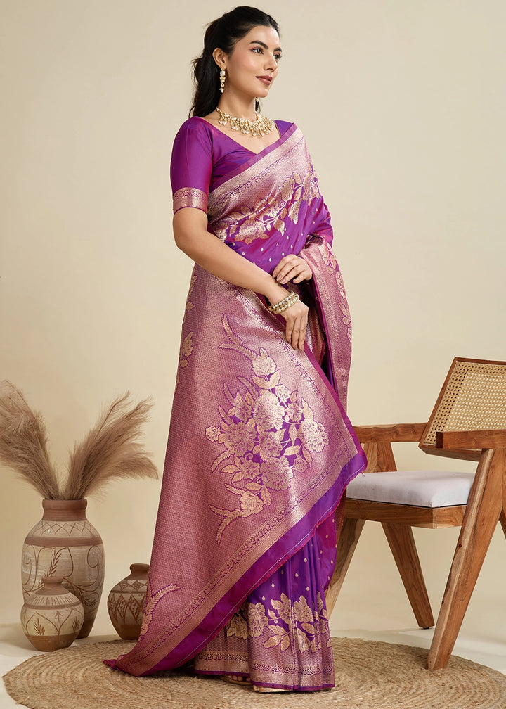 Violet Purple Banarasi Silk Saree Embellished with Zari Woven Buttas