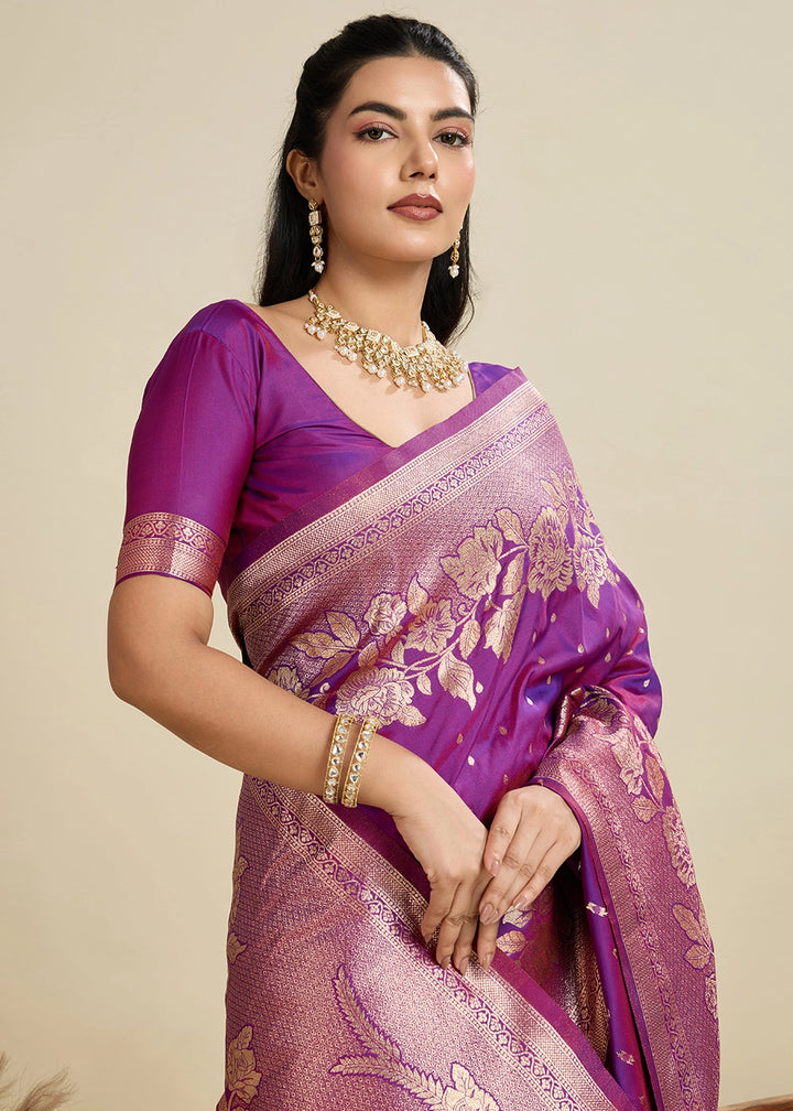 Violet Purple Banarasi Silk Saree Embellished with Zari Woven Buttas