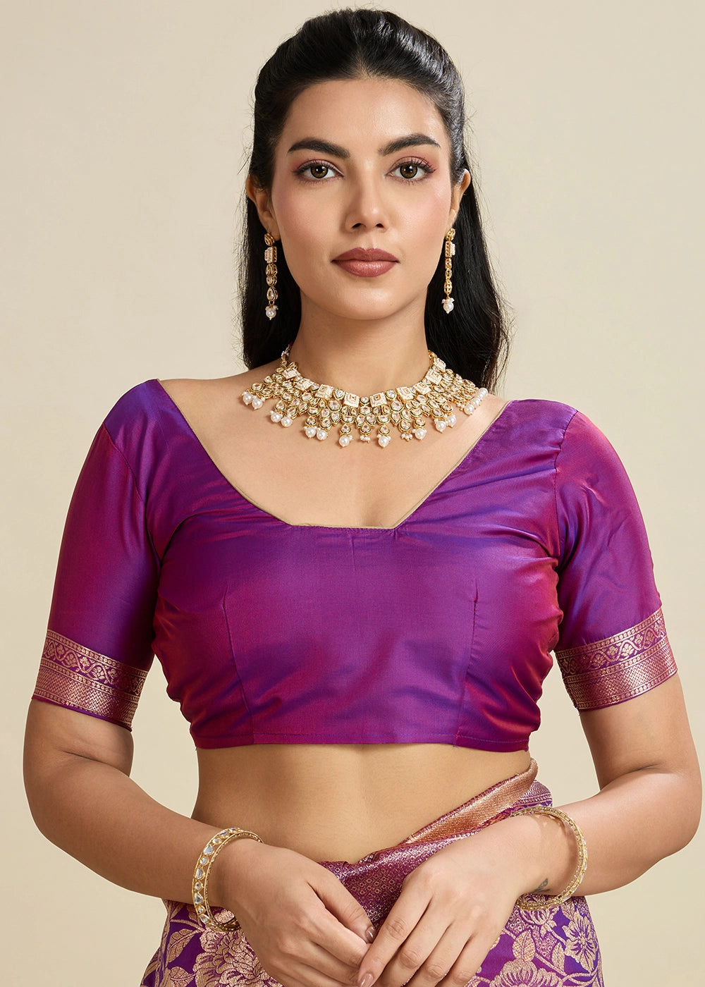 Violet Purple Banarasi Silk Saree Embellished with Zari Woven Buttas