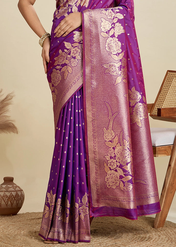 Violet Purple Banarasi Silk Saree Embellished with Zari Woven Buttas