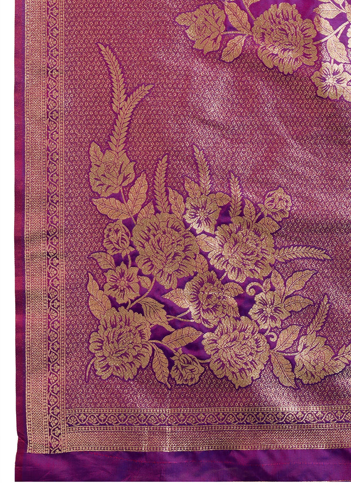 Violet Purple Banarasi Silk Saree Embellished with Zari Woven Buttas