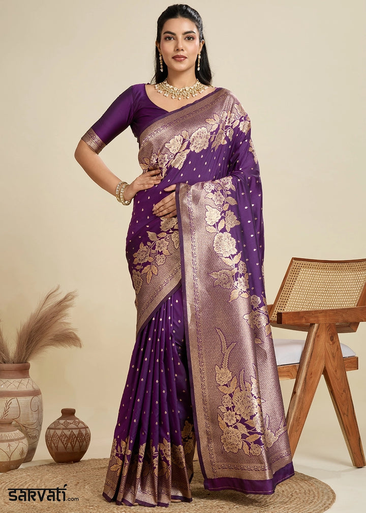Wine Purple Banarasi Silk Saree Embellished with Zari Woven Buttas