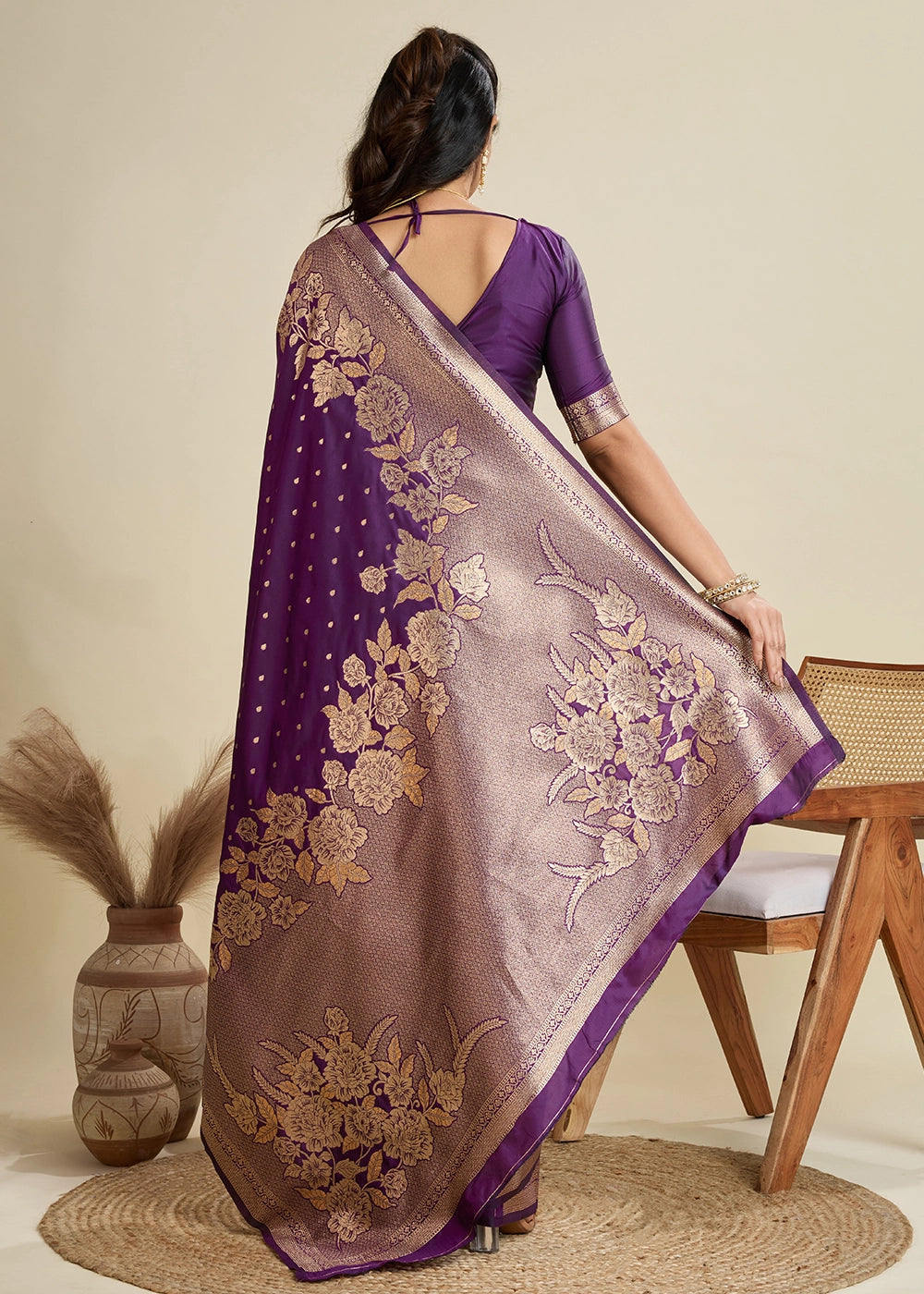 Wine Purple Banarasi Silk Saree Embellished with Zari Woven Buttas